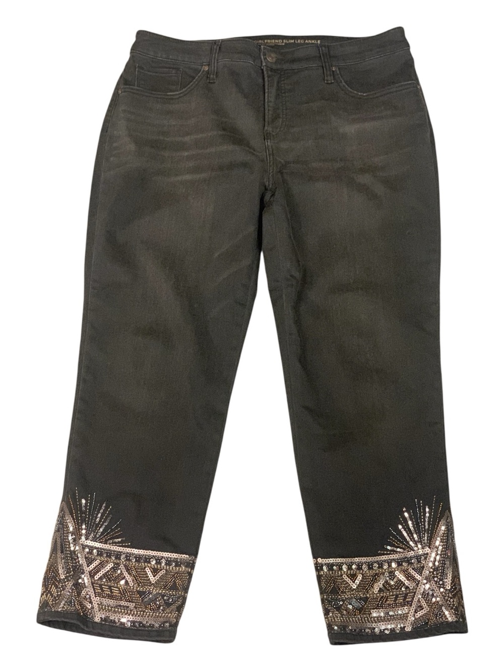 Chico's Black So Slimming Girlfriend Ankle Jeans Gold Silver Sequin Size 12